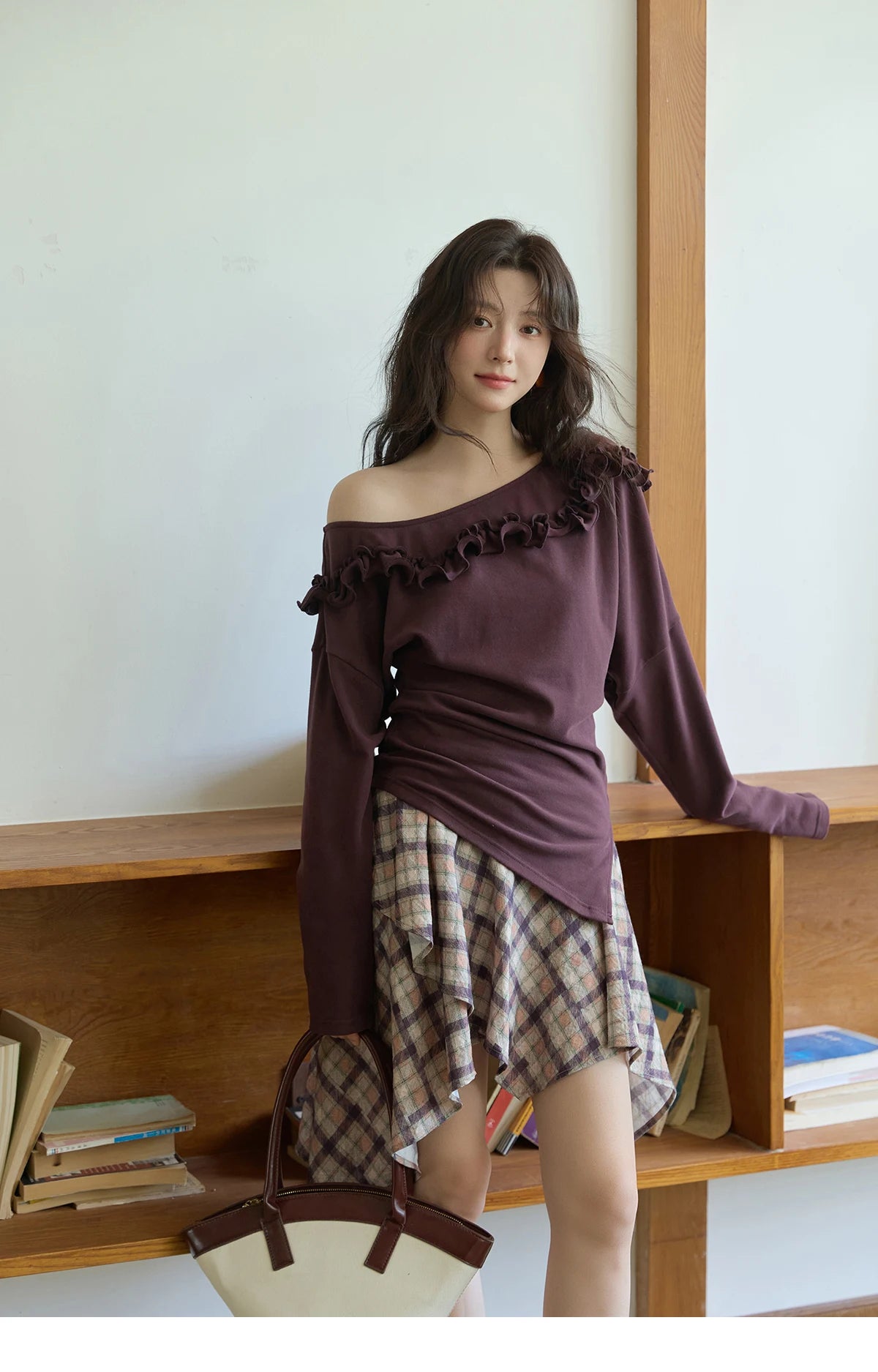 MISHOW Purple Plaid Irregular Skirt for Women Autumn 2025 Linen Blend Invisible Zipper Short Skirt Ruffle Hem Skirts MXE42B2395