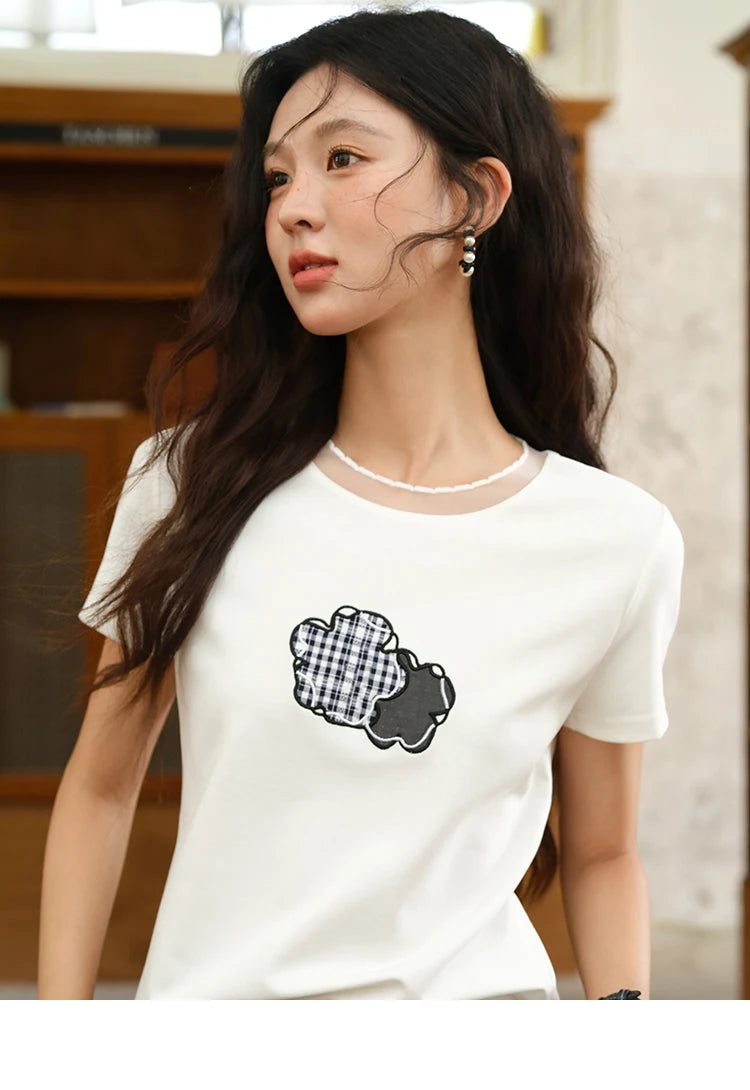 MISHOW Lace Edge Splicing Short Sleeve T-shirt for Women 2025 Summer Female Round Neck Simple Top Women's Clothing MXE38T0630