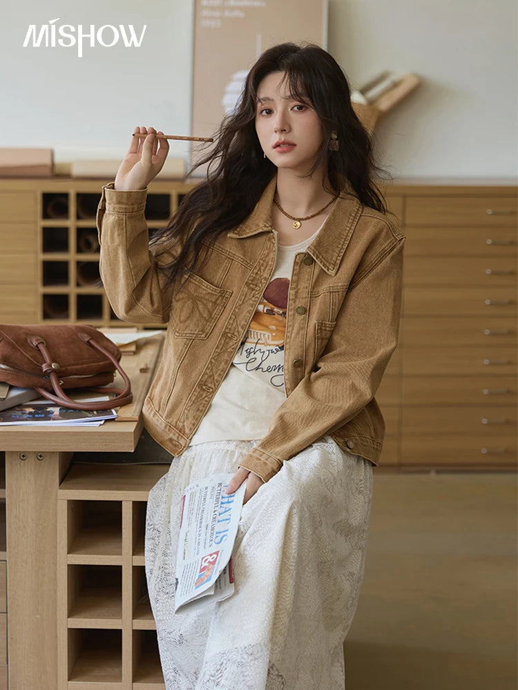 MISHOW Light Brown Vintage Denim Jacket for Women 2025 Autumn Embroidered Pockets Dropped Sleeve Retro Loose Jacket MXE41W0795