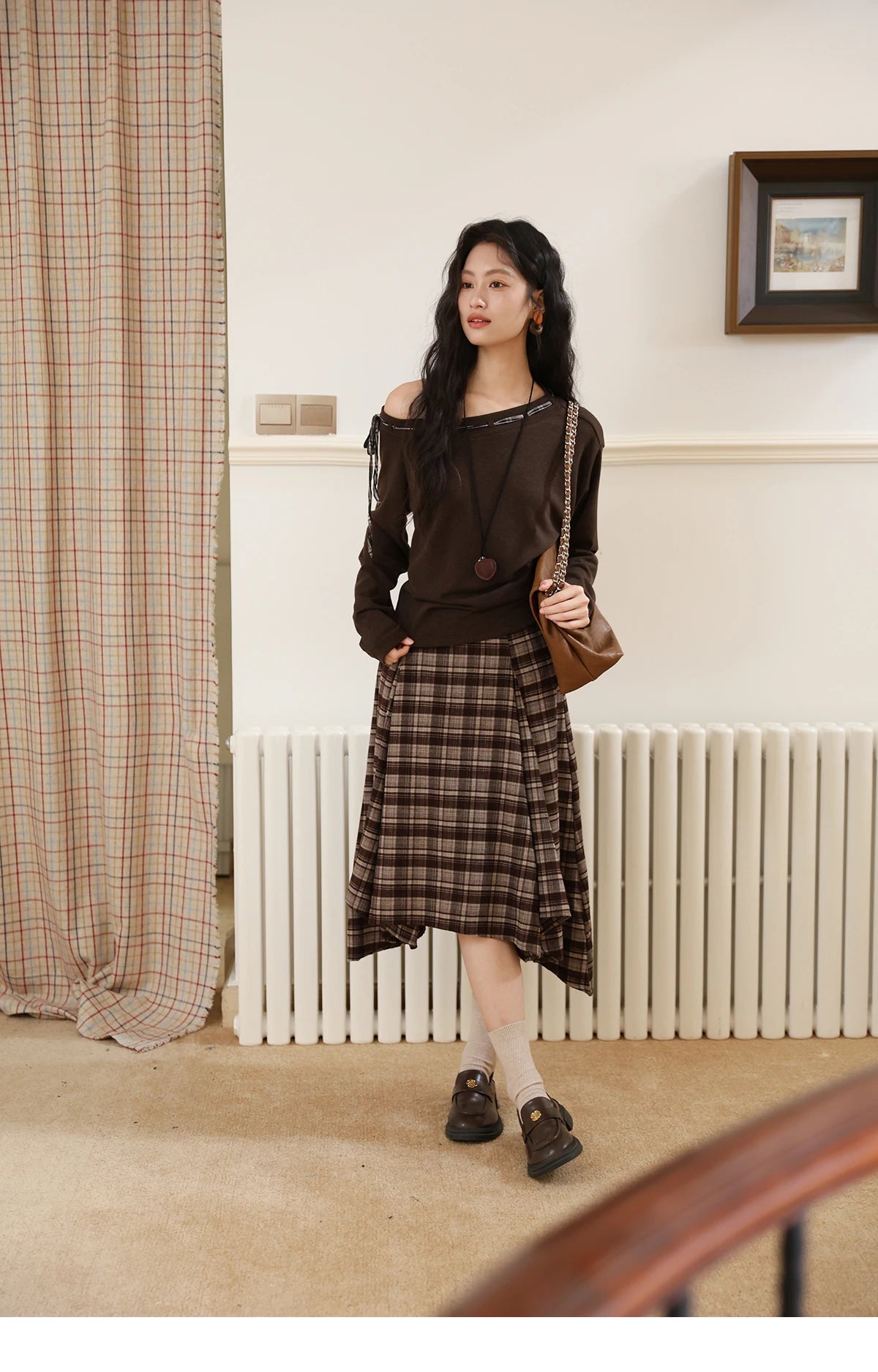 MISHOW Slant Shoulder Knitted Top for Women Autumn 2025 Drak Brown Plaid Strap Design Tops Casual Knitted Base Top MXE45T1402