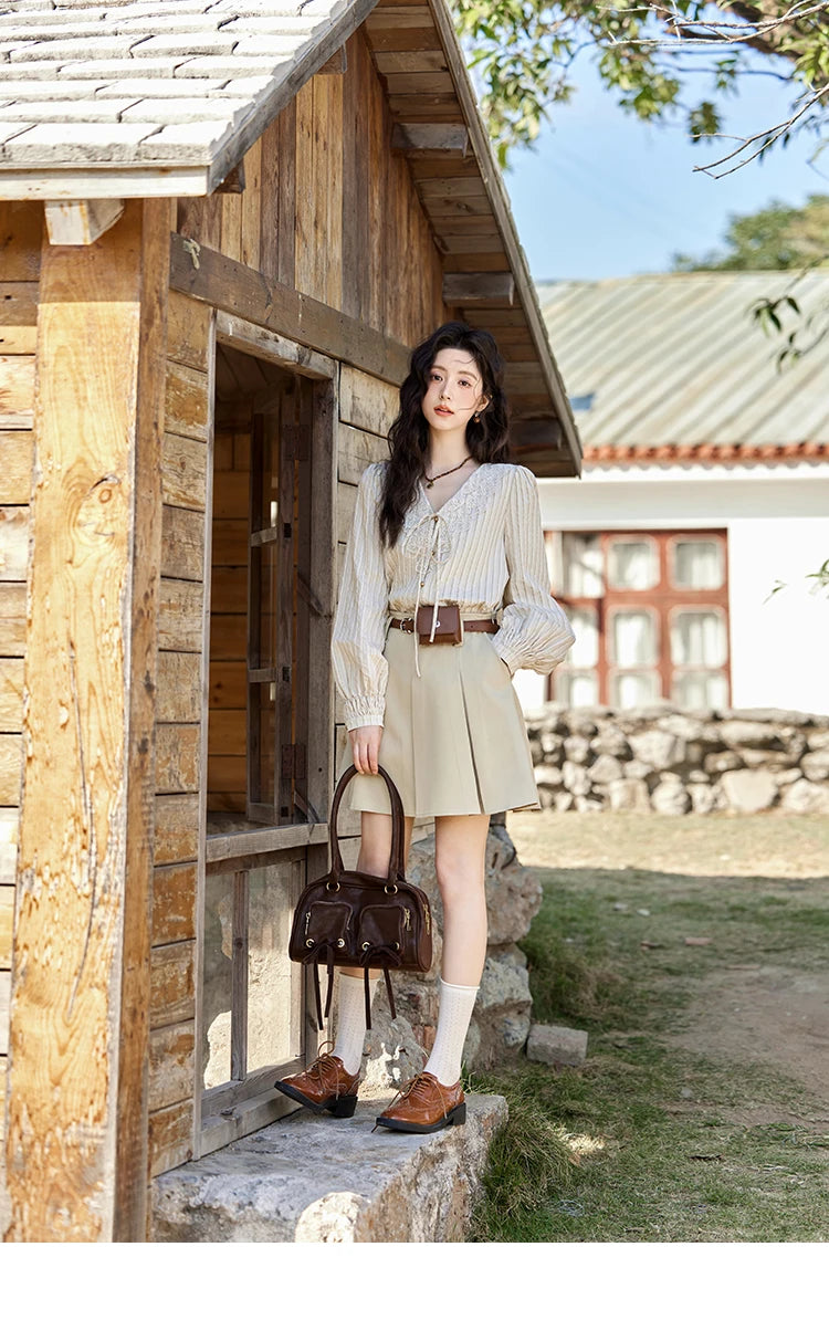 MISHOW French Retro V-neck Lace-up Striped Shirt for Women Spring 2025 Embroidered Lace Long Sleeve Top Casual Shirts MXE12X1715