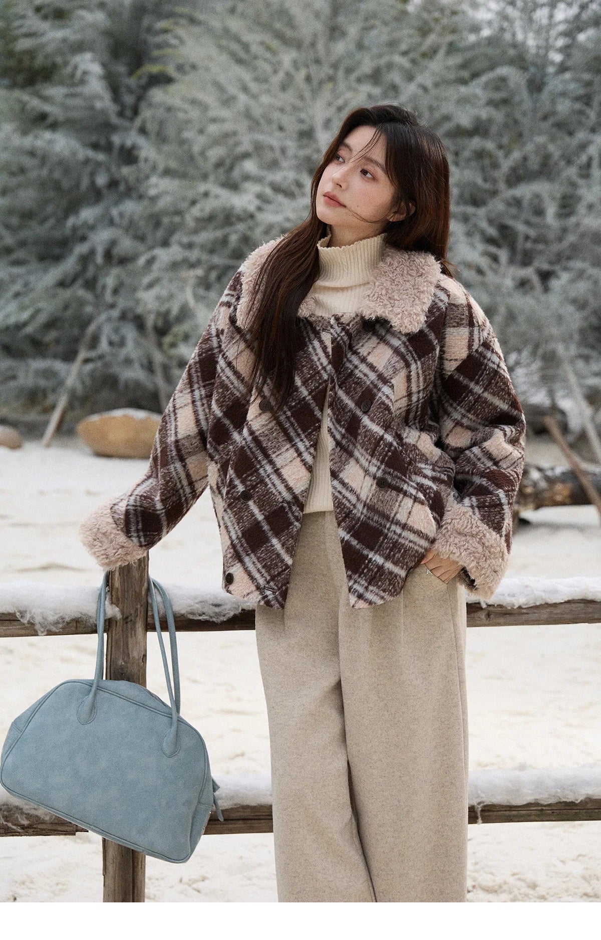 MISHOW Woman Jacket 2025 Autumn Winter Loose Retro Plaid Turn-down Collar Short Jacket Commute Warm Wool Blend Coat MXE89W0904