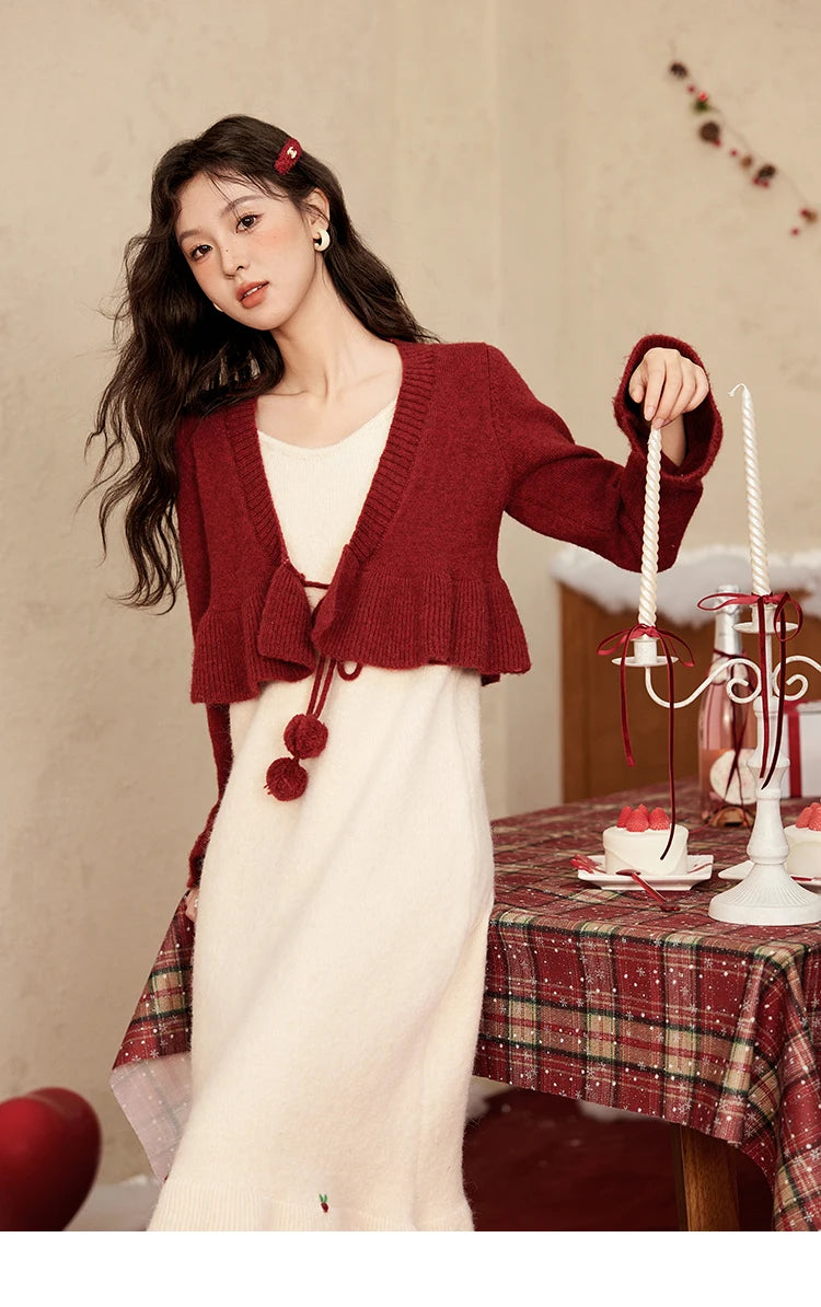 MISHOW Christmas New Year Ruffle Strap Dress Pom-Pom Lace-up Knitted Cardigan Sepertely 2024 Hem Fish Tail Dresses MXD59L2133