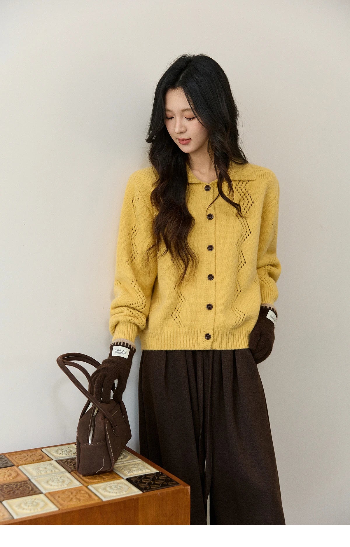 MISHOW Women's Hollow Pattern Knitted Cardigan 2025 Winter Yellow Lapel Single Breasted Sweater Loose Pullover Tops MXE94Z2961