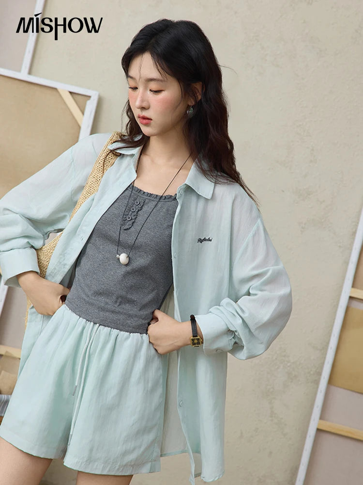 MISHOW Women's 3-Piece Set 2025 Summer New Female Fashion Casual Long Sleeves Shirt O-Neck Tank Top Pocket Shorts Set MXE36T0639