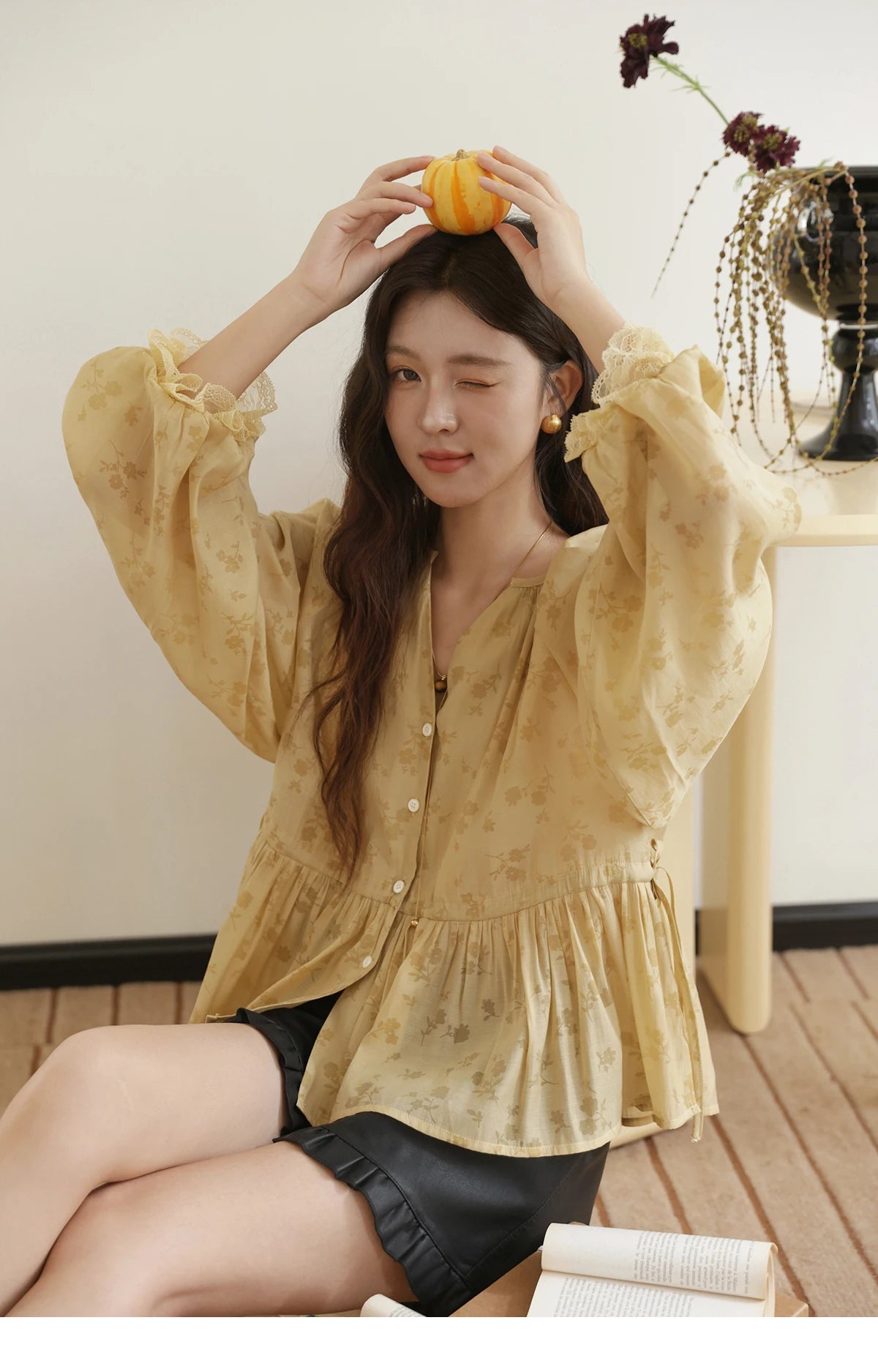 MISHOW Elegant Woman Shirt 2025 Autumn Yellow Printing Lantern Sleeves Shirt Commute Drawstring Waist Lace Trim Top MXE45X2499