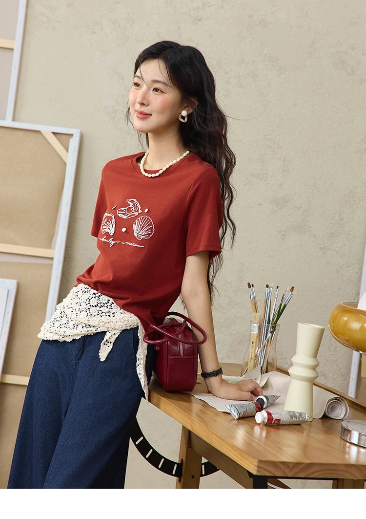 MISHOW Women's Shell Embroidered T-shirt 2025 Summer Short Sleeve Cotton Blend Tops Loose Slim Round Neck Casual Tees MXE34T0570