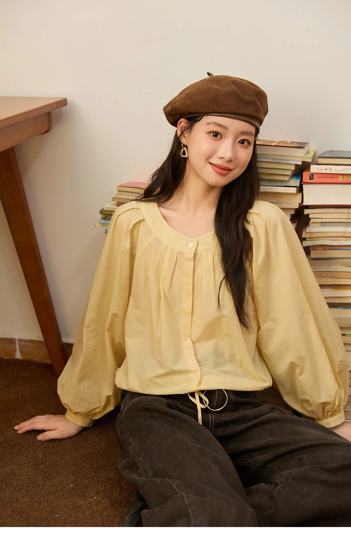 MISHOW Light Yellow Pleated Shirt 2025 Autumn Drawstring Hem Lantern Sleeve Top O-neck Cotton Blend Casual Shirts MXE45X2490