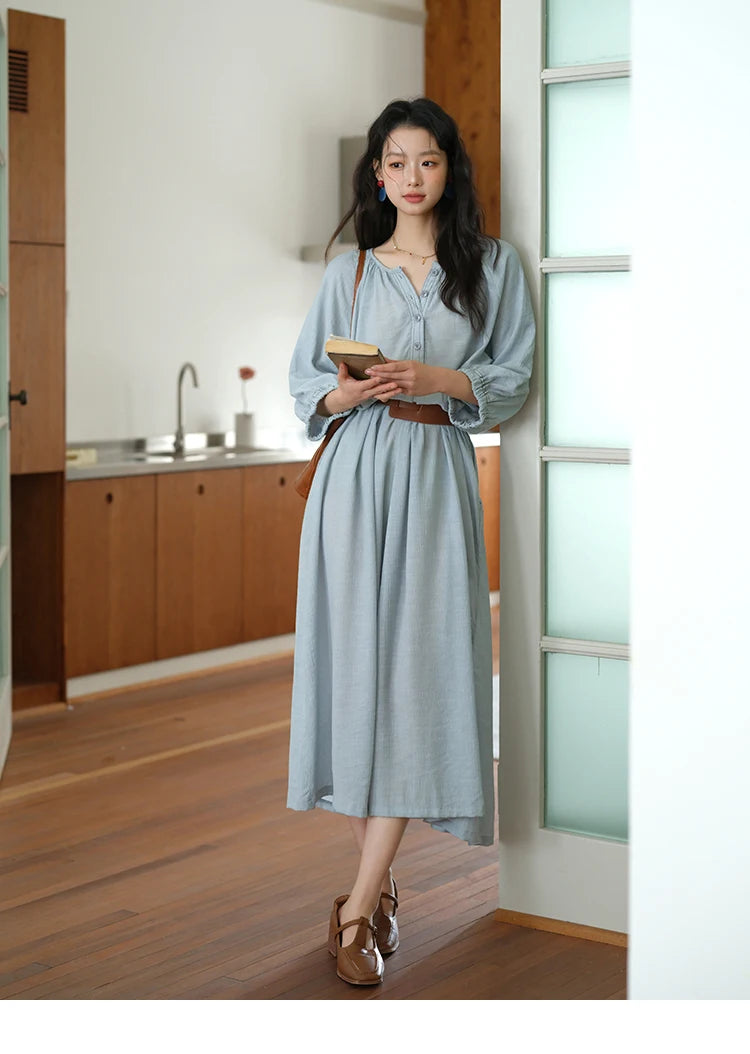 MISHOW Women's Half Sleeve Button Bamboo Knot Dress with Bohemian Belt 2025 Autumn Blue Long Dress Ladies Clothing MXE20L2468