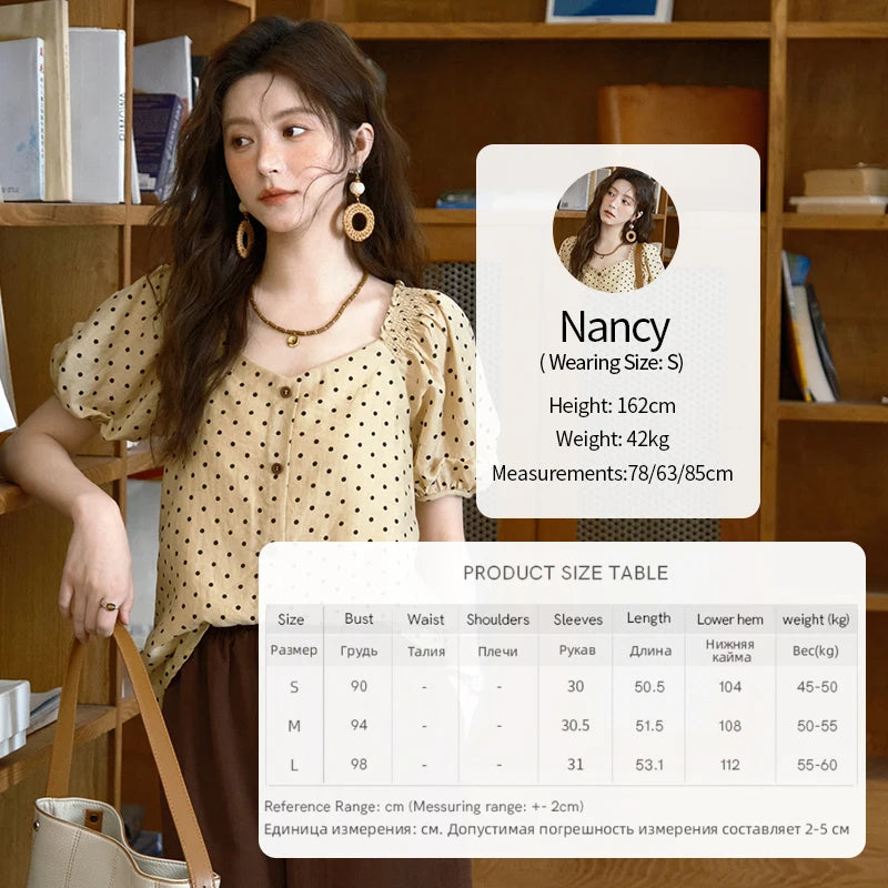 MISHOW Women's Polka Dot Puff Sleeve Blouse 2025 Summer New Ladies Button Retro Sweet V-neck Top Women's Clothing MXE37X1859