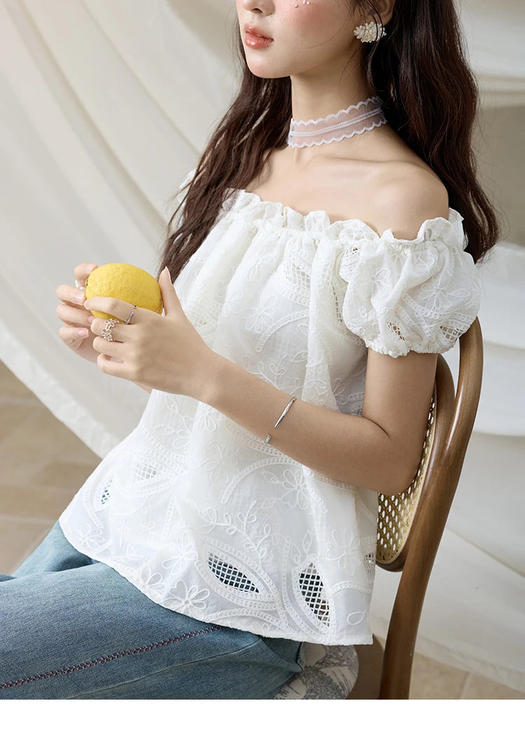 MISHOW French Summer Shirts Women New 2025 Slash Neck Short Sleeve Solid Lace Blouses Female Fashion Slim Tops Lady MXE35X1775