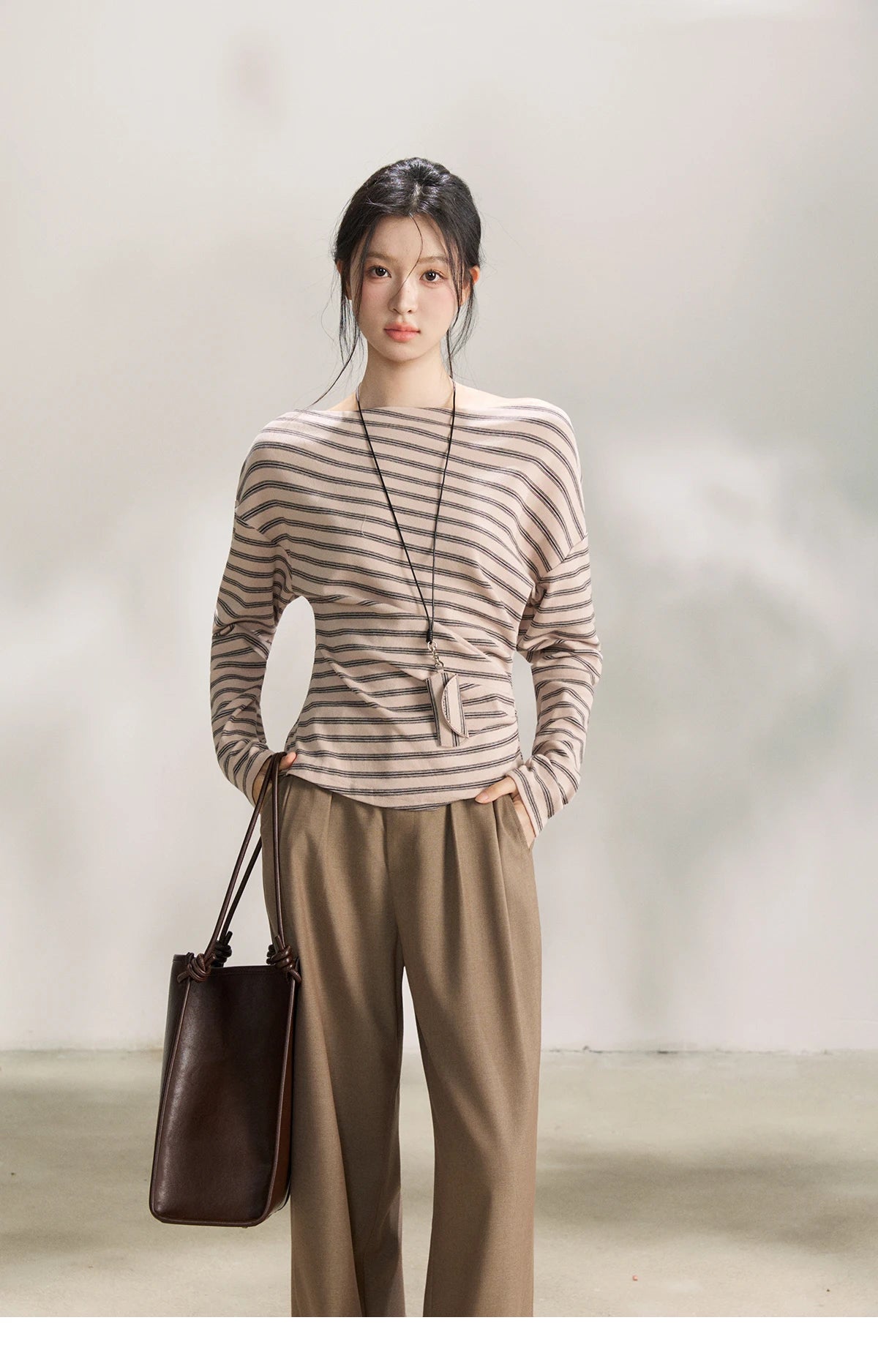 MISHOW Striped Boat Neck Long Sleeve Tops 2026 Spring Ruched Side SlimCasual Soft Breathable T-Shirt with Necklace MXF13T1514