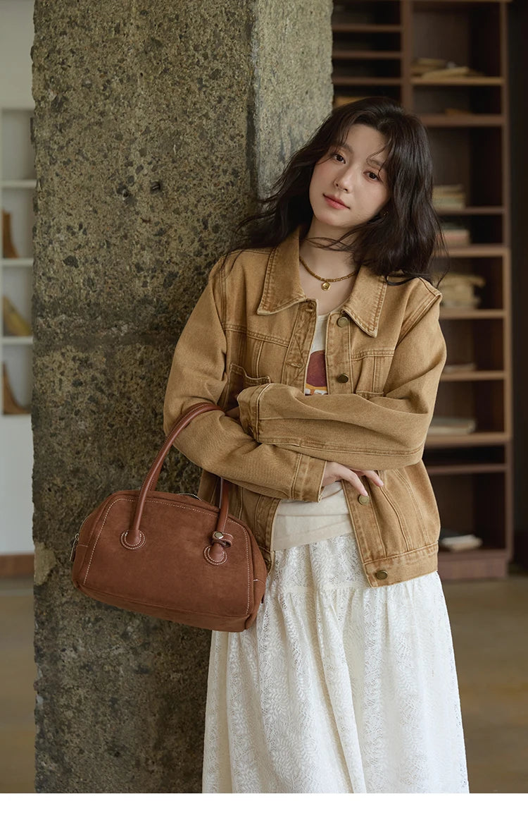 MISHOW Light Brown Vintage Denim Jacket for Women 2025 Autumn Embroidered Pockets Dropped Sleeve Retro Loose Jacket MXE41W0795