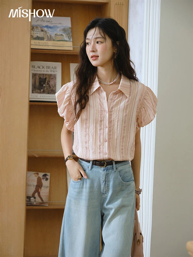 MISHOW Pink Turn-down Collar Flower Bud Sleeve Shirt for Women 2025 Summer New Women's Clothing Button Striped Shirt MXD24C0204