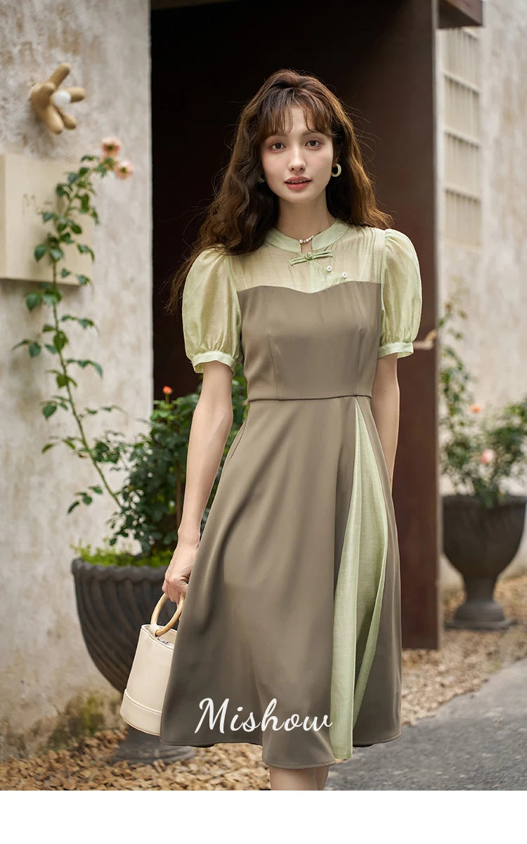 MISHOW Chinese Style Dress for Women 2023 Summer Waist Puff Sleeve Patchwork Fake Two Pieces French Slim Long DressES MXC35L1354