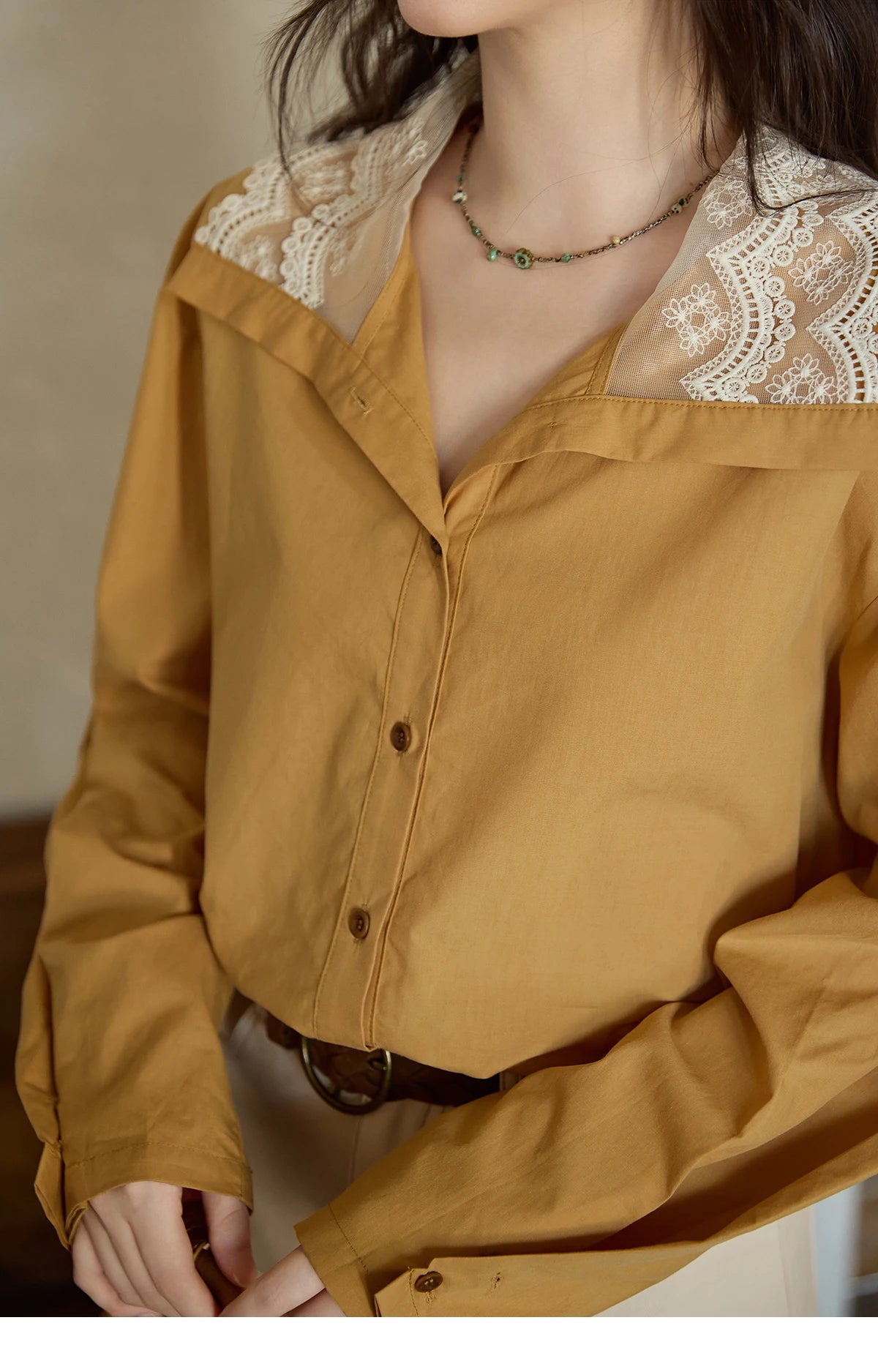 MISHOW Autumn Solid Cotton Shirt Autumn V-neck Double-layer Lace Retro Design Shirts Single Breasted Tops Office Lady MXE41C2366