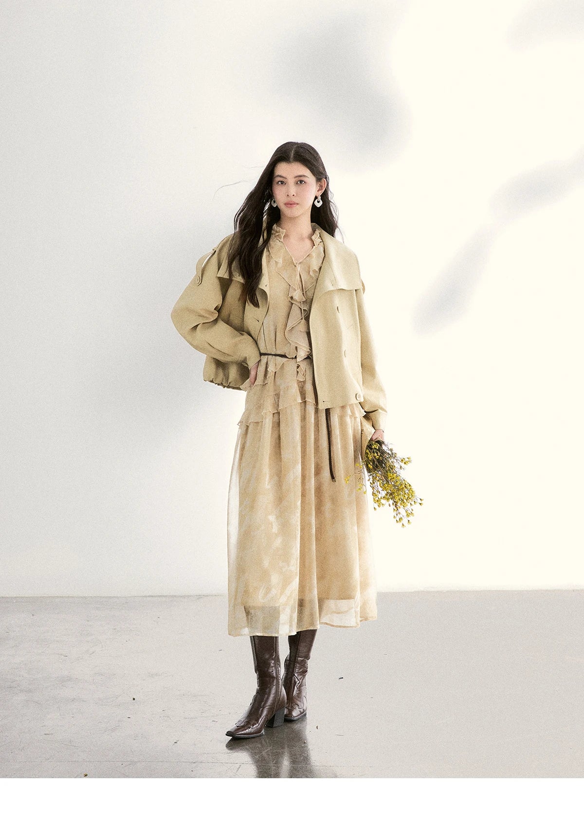 MISHOW Light Yellow Chiffon Maxi Dress 2026 Spring V-Neck Ruffled Belted Floral Print Casual Long Sleeve Dresses MXF11L2554