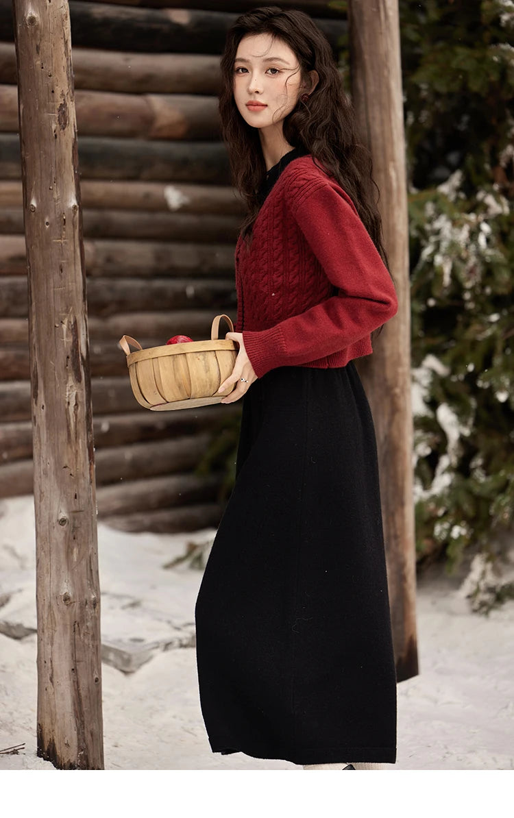 MISHOW Red Knitted Cardigan V-Neck Midi Dresses Separately A-LINE Temperament Grace Dress Flower Lace-up Warm Coat MXD58L2085