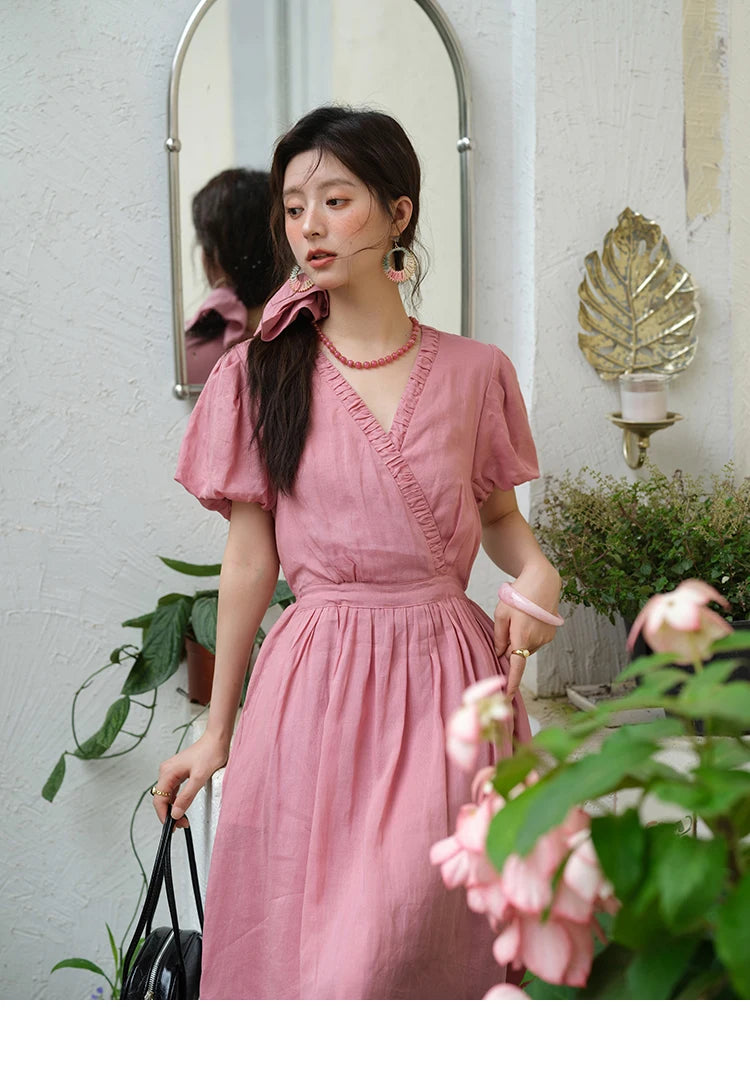 MISHOW Summer Fashion V-neck Dress Woman 2025 New Puff Sleeve Sashes Elegant Pocket Vacation Dresses Ladies Clothing MXE39L2381