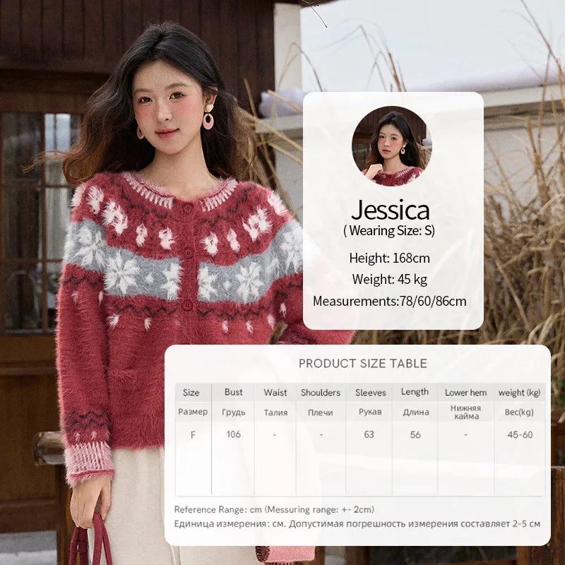 MISHOW Christmas Retro Red Imitation Mink Fur Soft Cardigan 2025 Winter Snowflake Jacquard Sweater Round Neck Tops MXE91Z2801