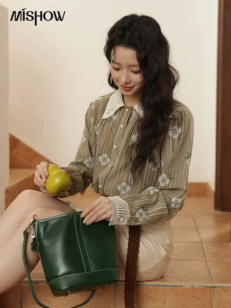 MISHOW Embroidered Shirt for Women Autumn 2025 Hollowed Out Woven Lapel Tops Lace Cuffs Vintage Long Sleeved Shirt MXE44C2393