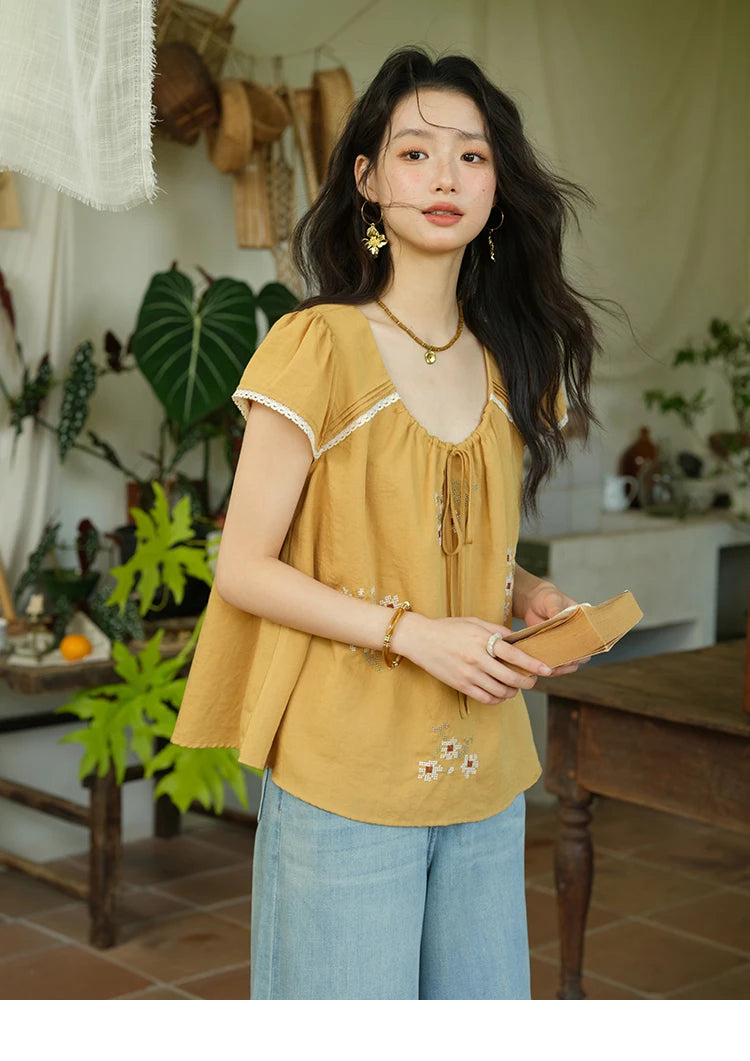 MISHOW Fashion Embroidery Flower Blouses for Woman 2025 Summer O-Neck Lace Up Flying Sleeve Lace Spliced Loose Top MXE39X1880