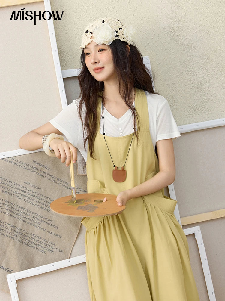 MISHOW Women's Cargo Large Pocket Strap Dress 2025 Summer Lemon-yellow Sleeveless Dress Retro Square Neck Loose Dress MXE35L2302