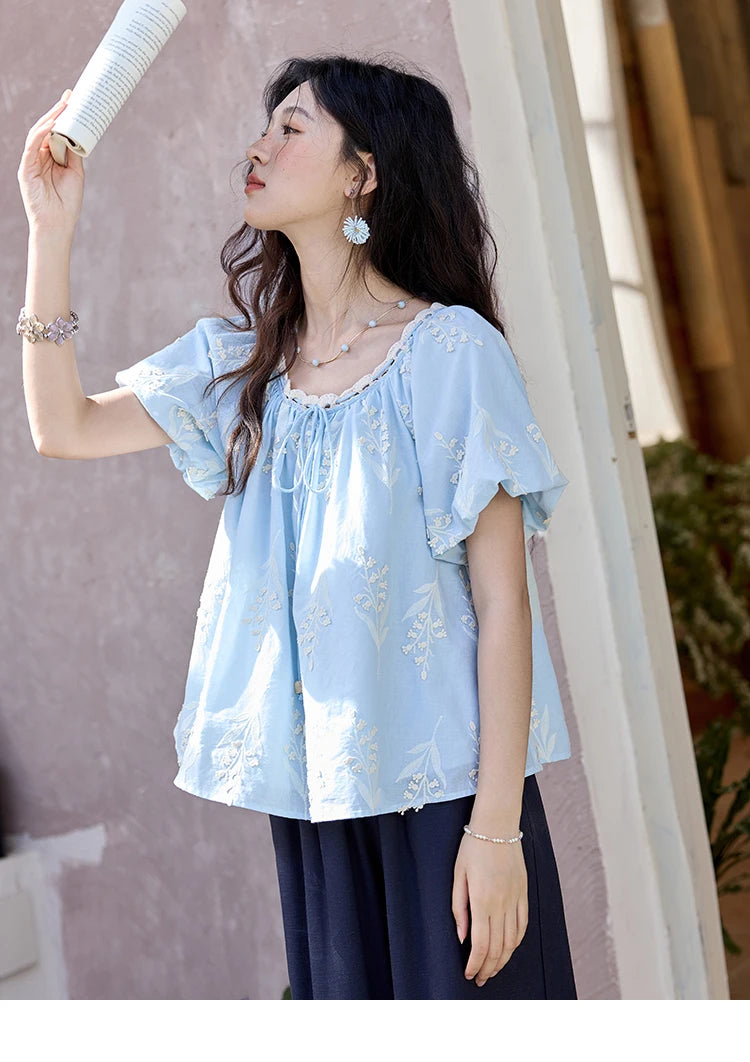 MISHOW Blue Pure Cotton Embroidered Blouses 2025 Summer Wave Edged O-neck Tops Contrasting Lace Up Loose Doll Blouses MXE35X1791