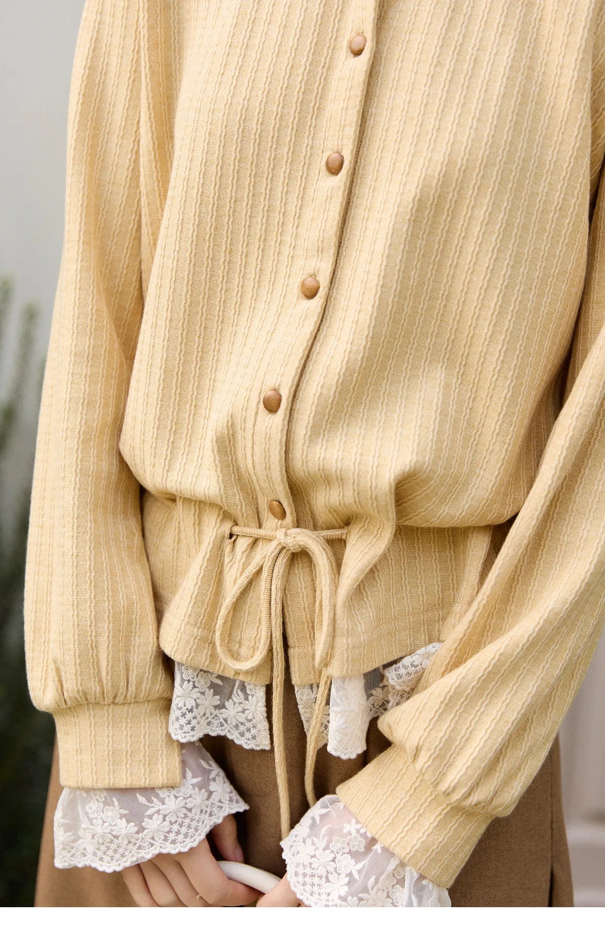 MISHOW Women's Yellow Ribbed Cardigan Spring Lace Trim Drawstring Waist Thin Knitted Sweater Long Sleeve Casual Top MXF11Z2919