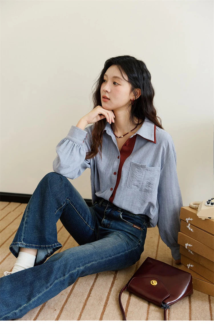 MISHOW Striped Shirt for Women Autumn 2025 Blue Red Splicing Contrasting Color Shirts Laple Loose Retro Commute Top MXE46C2405