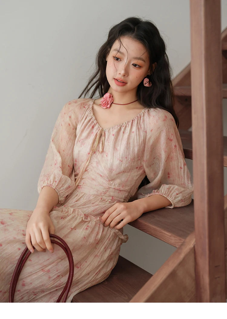 MISHOW Korean Women's Floral Pink Dress Autumn Convertible V Neck Off Shoulder Bubble Sleeves Elastic Waist Dresses MXE41L2479