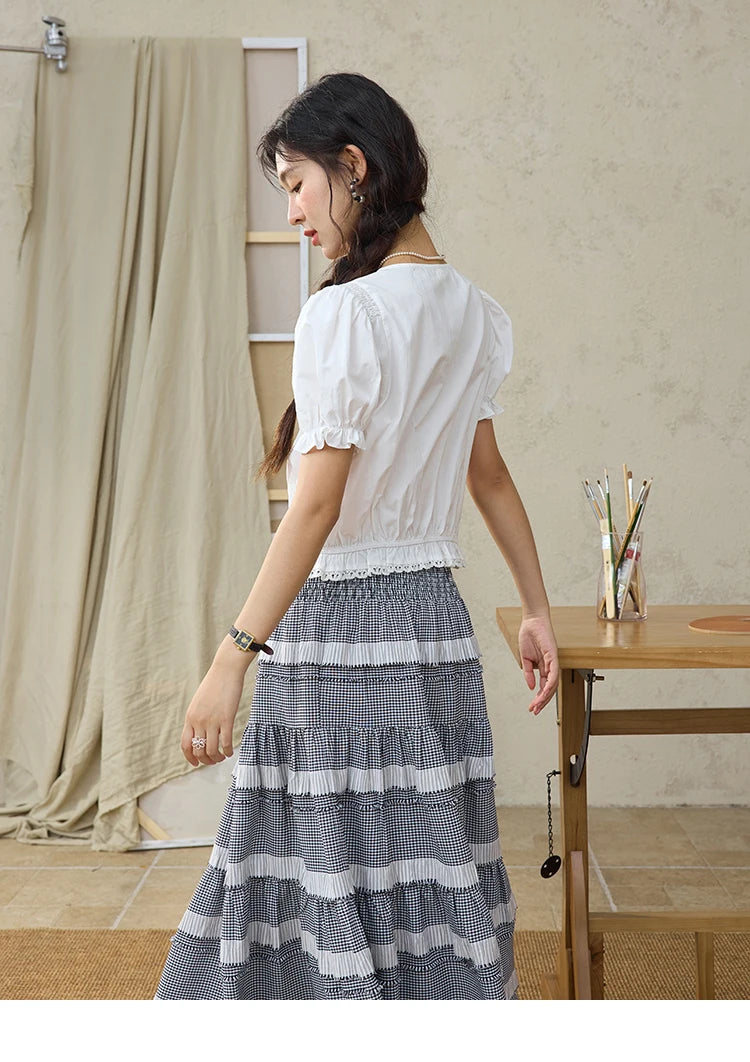 MISHOW Sweet Lace Pufff Sleeve Shirt Summer 2025 Flower Single Breasted Buttons Short Shirts Hem Elastic Waist Tops MXE34X1820