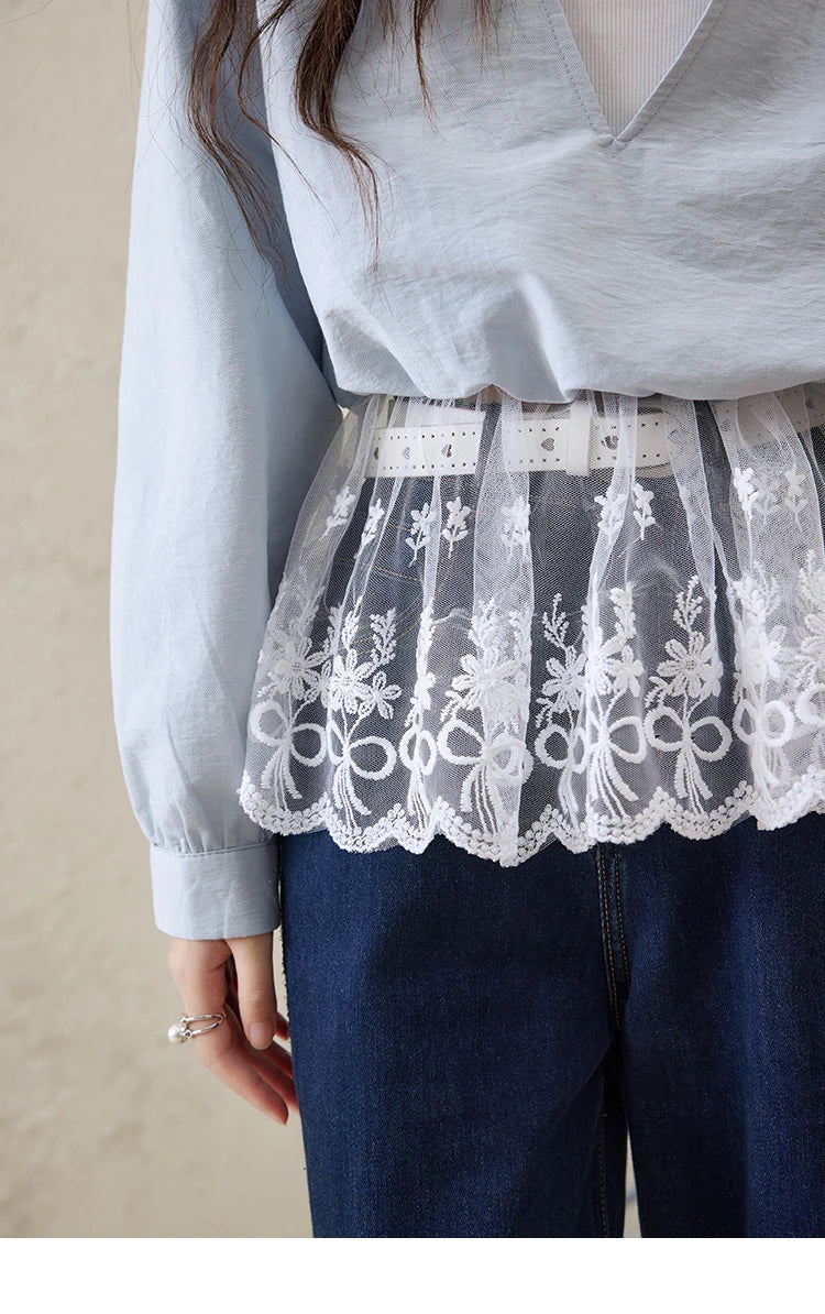 MISHOW French Spring Shirts Women 2025 Long Sleeve Turn-down Collar Fake Two-piece Blouses Female Splicing Lace Tops MXE16C0783