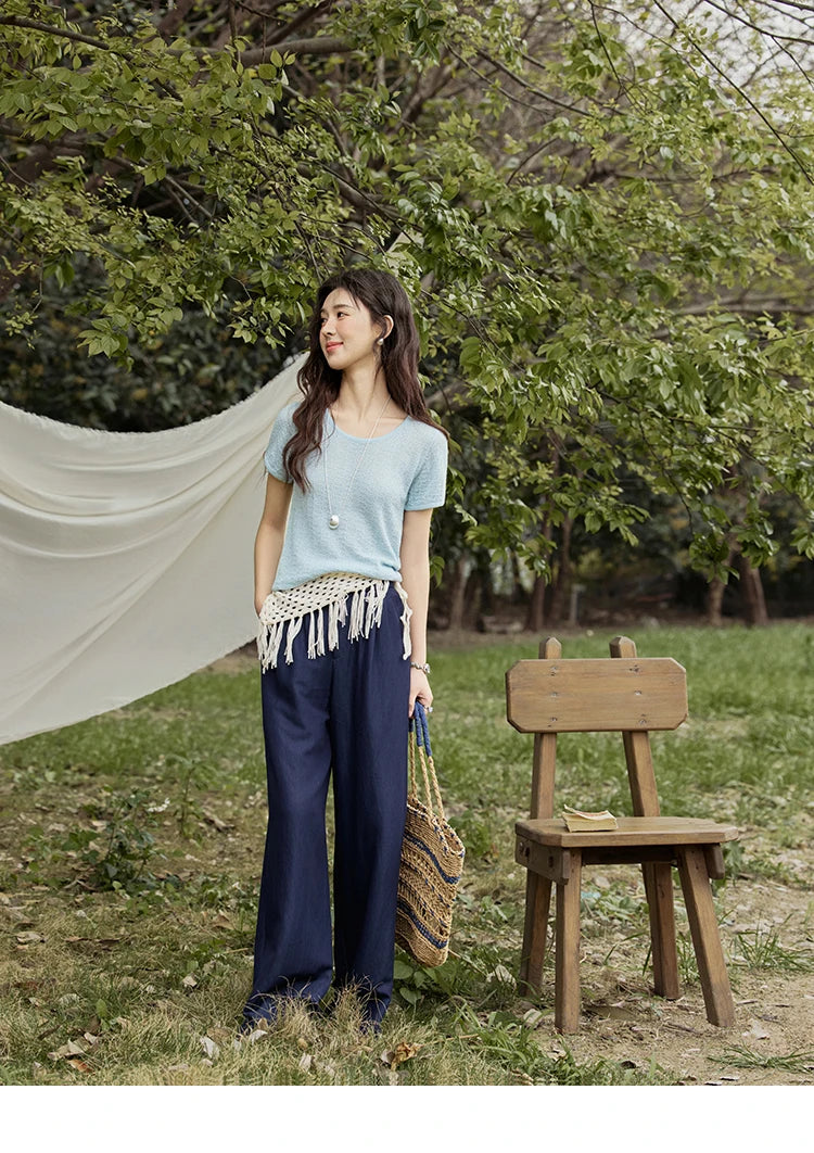 MISHOW Office Lady Women’s T-shirts Summer 2025 Short Sleeve Round Neck Solid Slimming Knitted Shirt Female Fashion MXE34Z1257