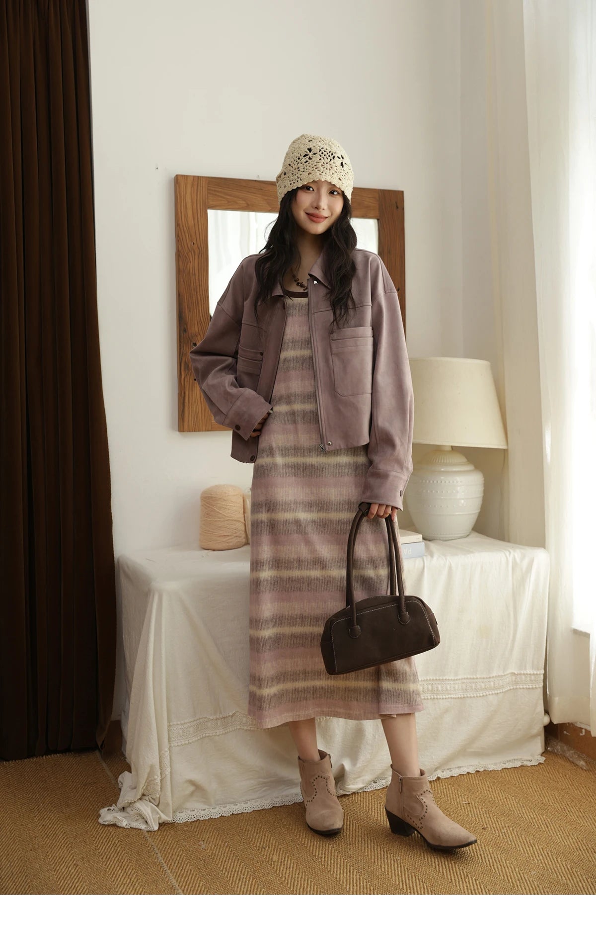 MISMHOW Taro Purple Leather Jacket Autumn 2025 Contrasting Splic Short Jackets Symmetrical Double-layer Pocket Coat MXE44W0816