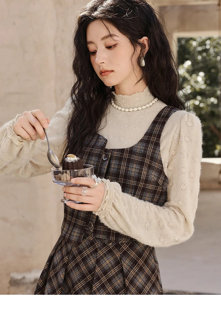 MISHOW Blue Plaid Vest Retro Skirt Separately Women 2024 Winter Retro Plaid Irregular Square Collar Top Midi Skirt MXD44W0454