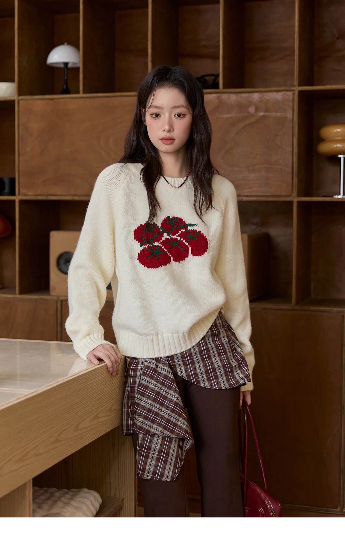 MISHOW Women's Off-white Sweater 2025 Winter new Tomato Jacquard Long-sleeved Sweater Loose Casual Knitted Pullover MXE51Z2692