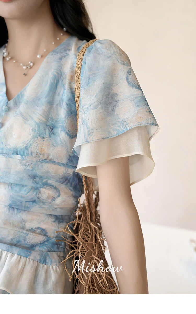 MISHOW [Van Gogh Collection] Fairycore Dresses 2025 Summer Double Layer Sleeves Asymmetrical V-Neck Printing Dress MXC39L1527