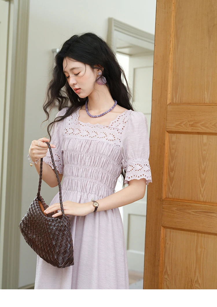 MISHOW Puff Sleeve Dress for Women 2025 Summer New Square Neck Fashion Lace Hollow Purple Dresses Female Clothing MXE39L2406