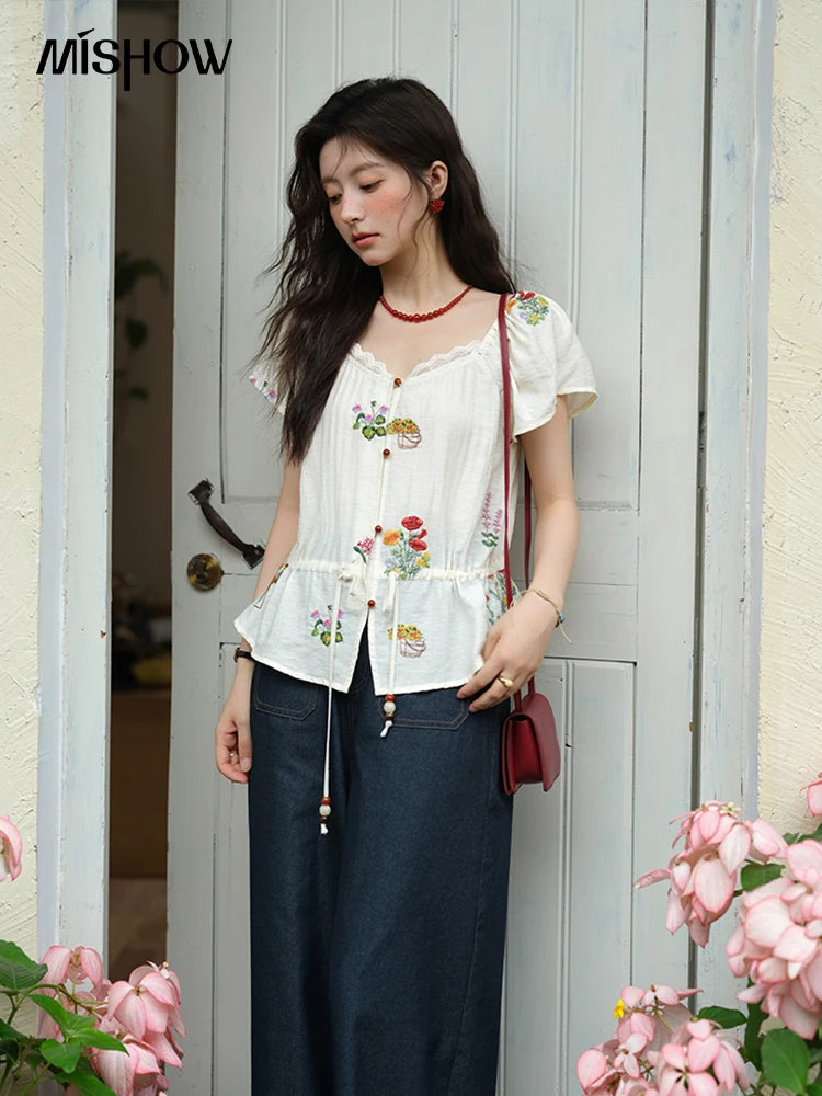 MISHOW Women's Fashion Flower Embroidery Blouse Summer 2025 Square Neck Lace Drawstring Short Top Ladies Clothing MXE37X1895