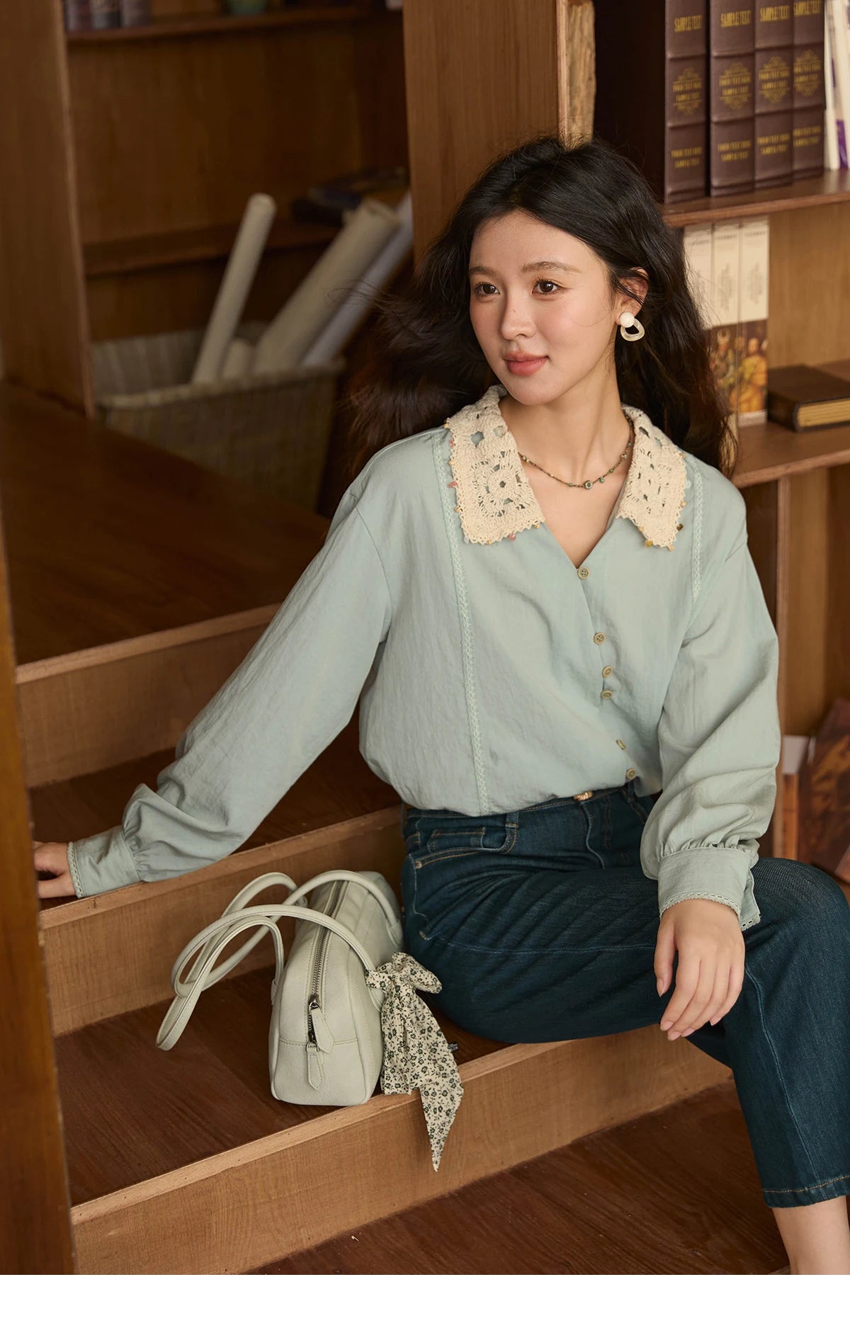 MISHOW Women's Linen Shirt 2025 Autumn Contrast Apricot Lapel Shirts Long Sleeve Curved Placket Tops Office Lady MXE43C2387