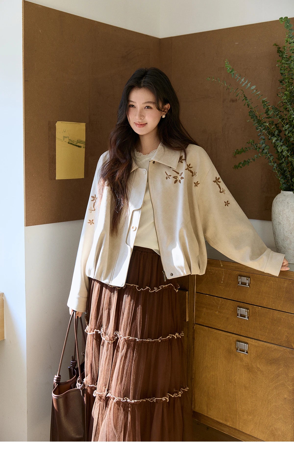 MISHOW Women's Imitation Suede Jacket2026 Spring Floral Embroidery Lapel Zipper Coats Long Sleeve Casual Outerwear MXF11W1027