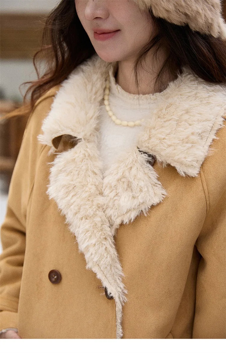 MISHOW Women Winter Jacket 2025 Fashion Suede Lambskin Fleece Coat Commute Windproof Retro Double-breasted Warm Coat MXE86W0907