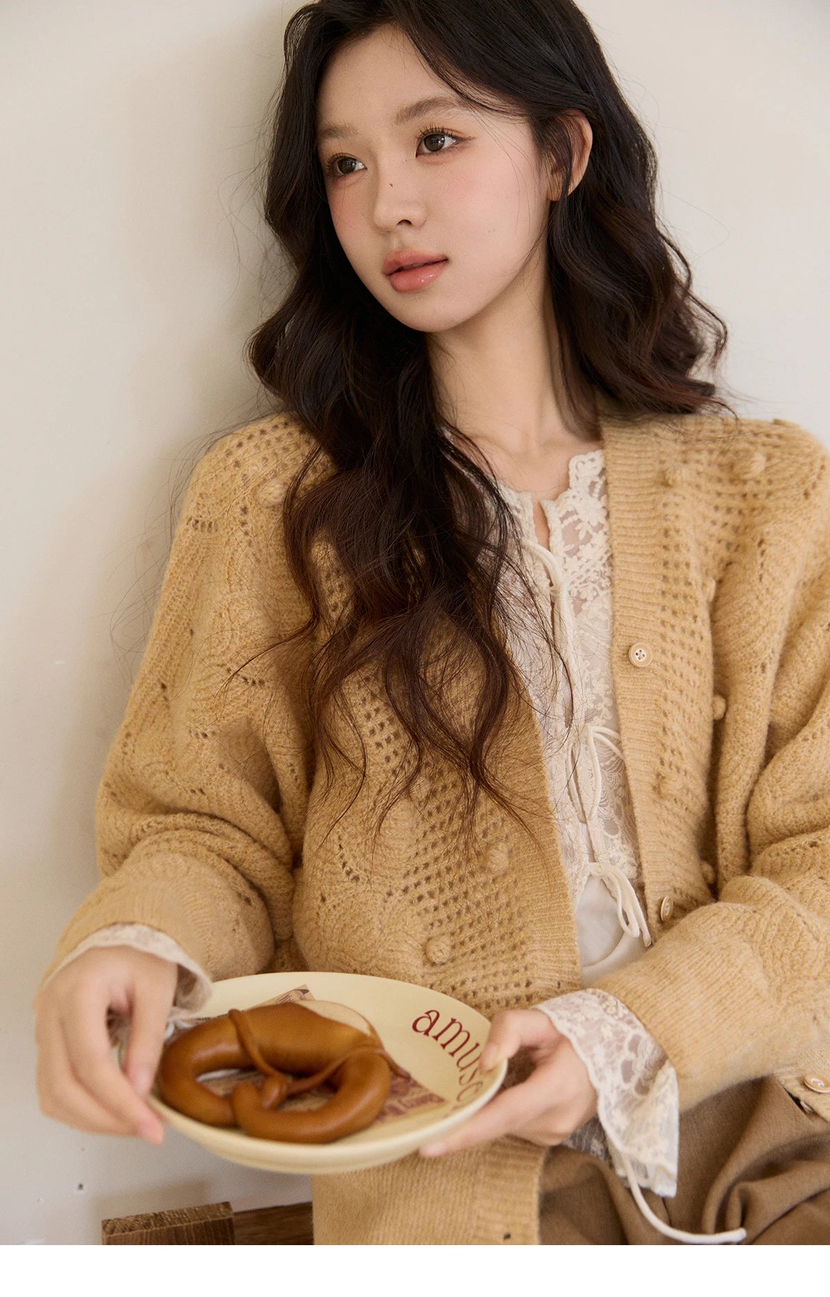 MISHOW Women's Solid Hollow-out Knit Thin Cardigan 2026 Spring V-Neck Bobble Knit tops Casual Loose Knitted Sweater MXF108Z1020