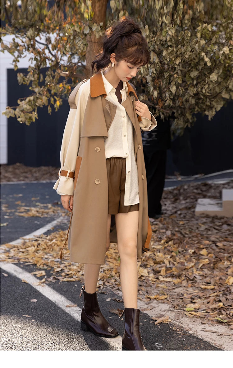 MISHOW Autumn Women's Khaki Trench Contrast Color Woman Clothes Spliced Turn-down Collar All-match Casual Jacket MXB31W0367