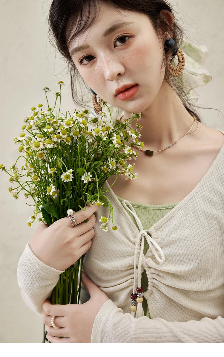 MISHOW Women's Fake Two Patchwork Knitted Spring 2025 Contrast Drawstring Strap Lace-up Tops Retro V-neck Thin Top MXE15Z1185