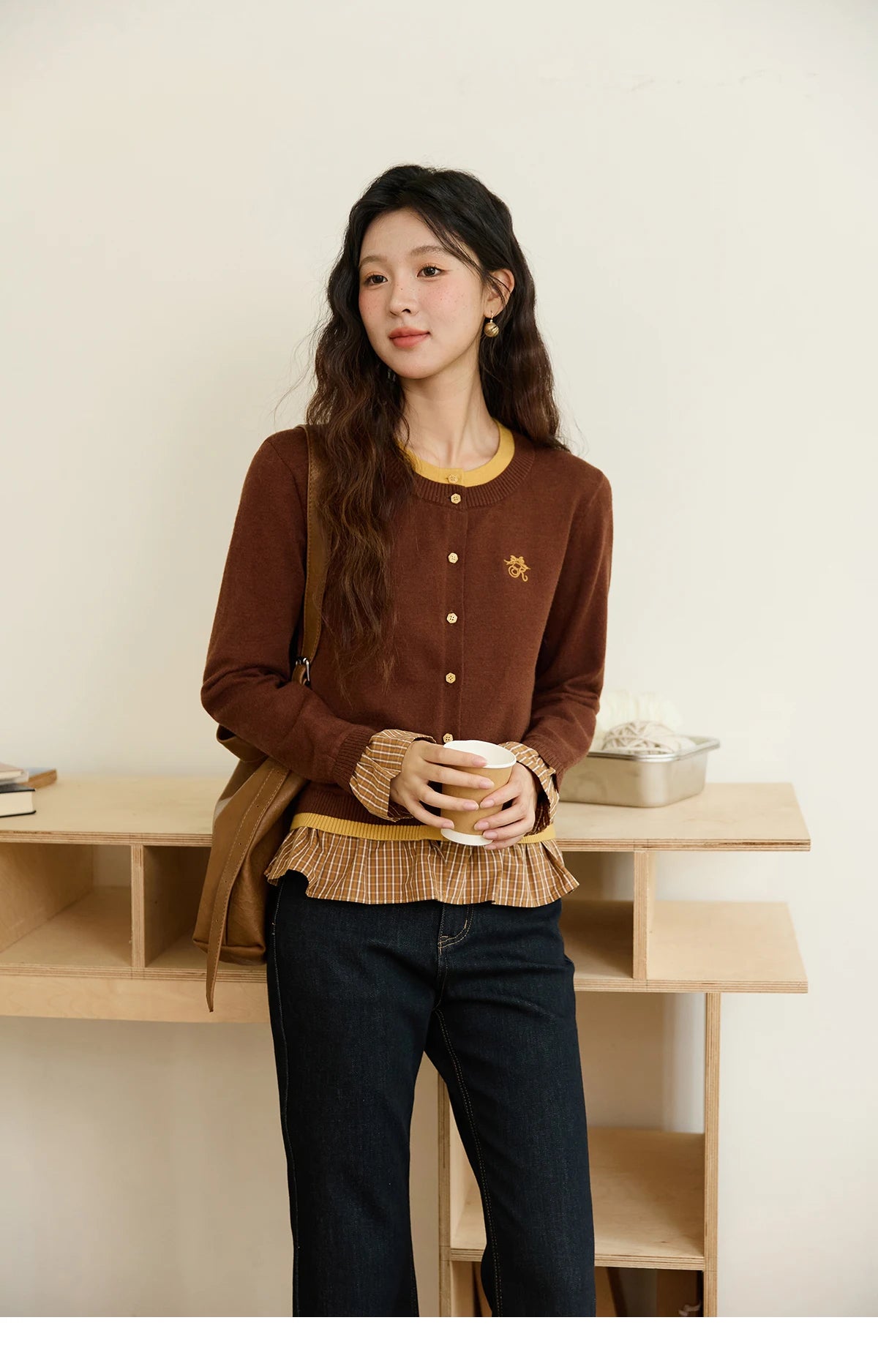 MISHOW Fake Two Knitted Sweaters Autumn Retro Color Contrasting Bow Embroidered Sweater Hemp Cuff Splicing Plaid Top MXE46Z2495