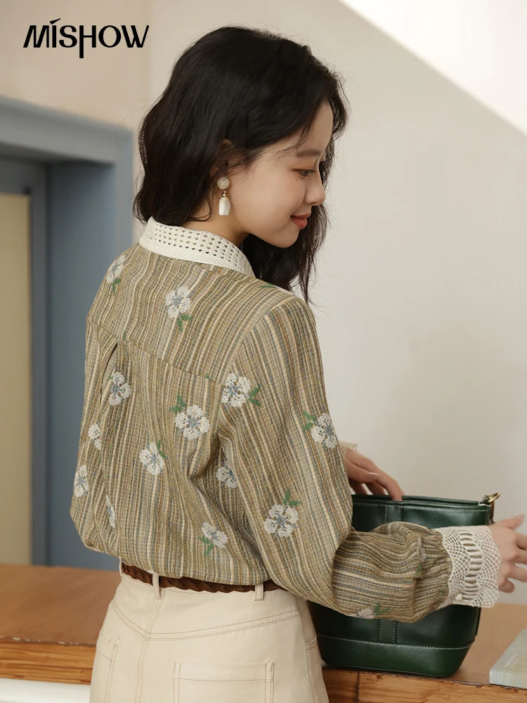 MISHOW Embroidered Shirt for Women Autumn 2025 Hollowed Out Woven Lapel Tops Lace Cuffs Vintage Long Sleeved Shirt MXE44C2393