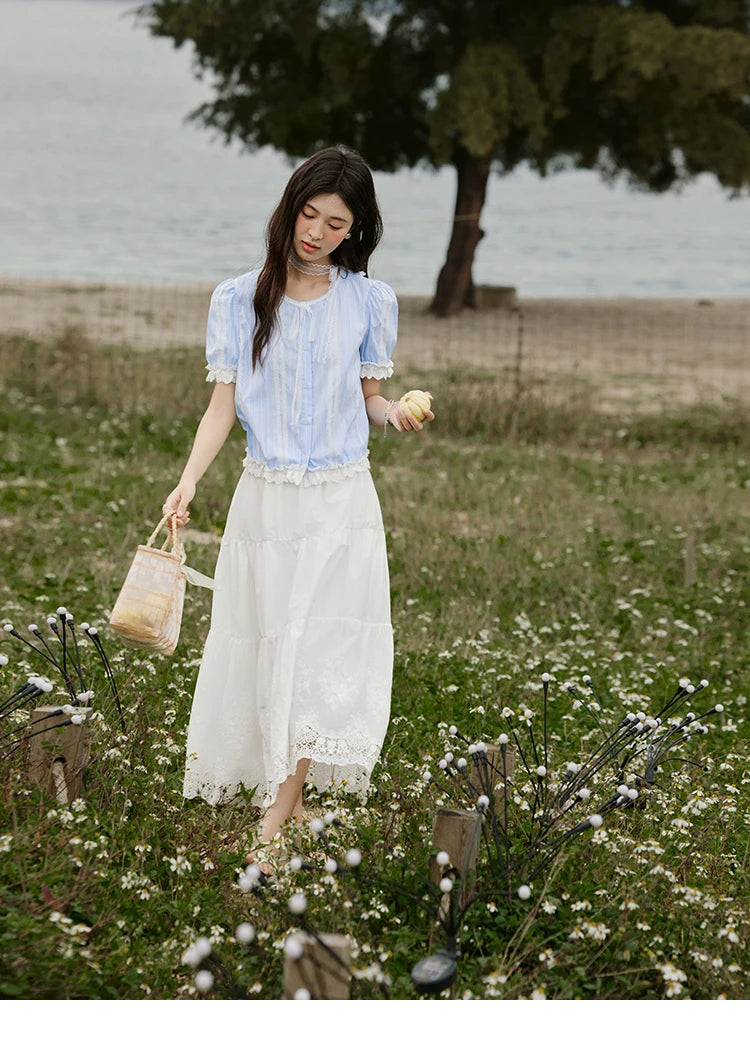 MISHOW French Striped Summer Blouses Women 2025 New Short Puff Sleeve Round Neck Lace Patchwork Shirts Fashion Tops MXE32X1759