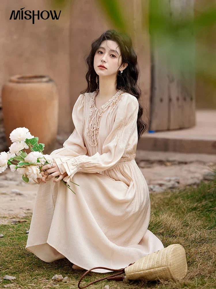 MISHOW Pink Dress for Women 2025 Spring Fungus Edge V Neck Lace-up Dress Flared Sleeves Elastic Waist Sweet Dresses MXE11L2087